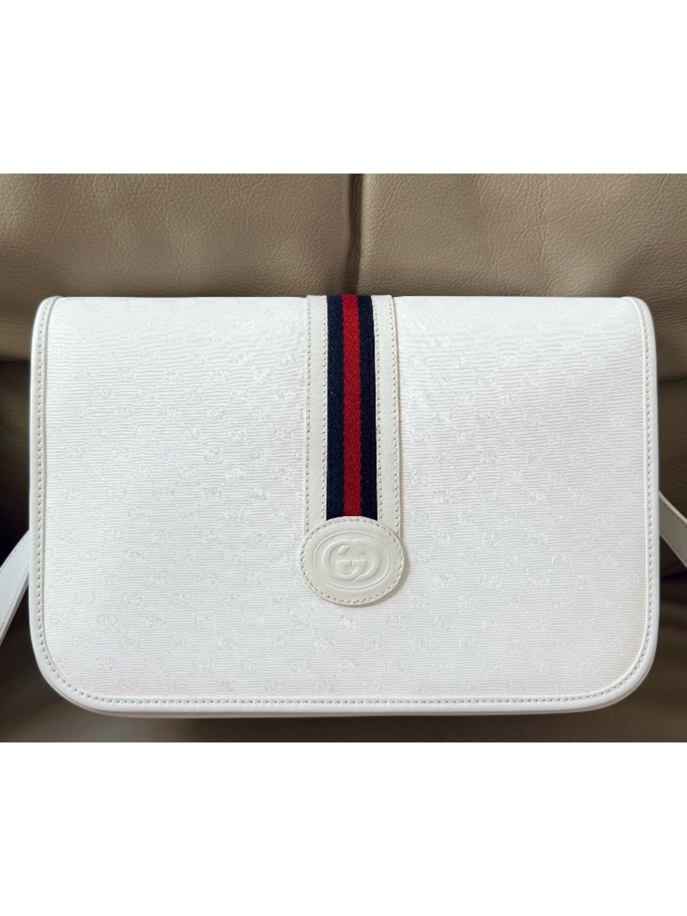 Authentic Vintage Gucci Web White GG Monogram Canvas Leather Flap Messenger Bag
